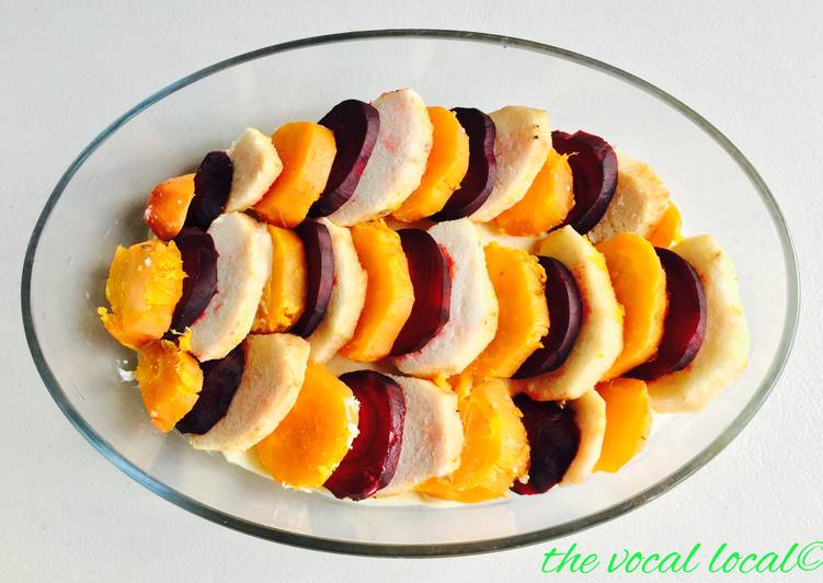 Steps to Cook Speedy Scalloped Yam, Sweet Potato and Beet