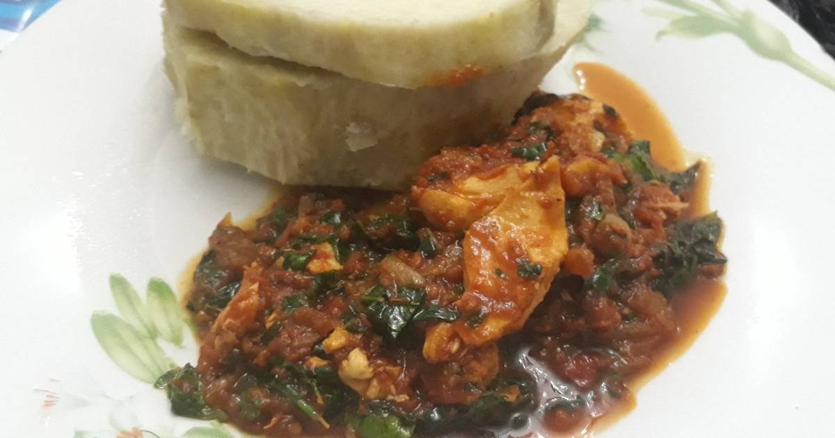 Boiled yam with shredded chicken and vegetable stew Recipe by Sandy