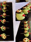Rollitos de pepino rellenos de atún y tartar de salmón coronados de mayonesa de aguacate y cilantro
