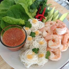 A picture of Easy Thai Food • Miang with Shrimps and Noodle Serve with Thai Spicy Sauce.