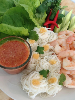 A picture of Easy Thai Food • Miang with Shrimps and Noodle Serve with Thai Spicy Sauce.