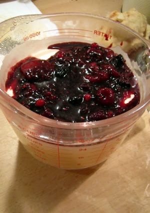A picture of Bavarian Creme with sauce from forest fruitsRecipe by post from Germany and Lisa!a bit difficult but delicious!.