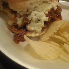 A picture of J.D. BBQ pulled pork sandwich..
