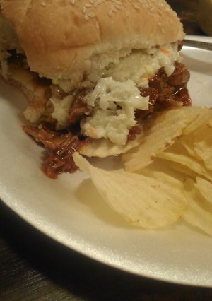 A picture of J.D. BBQ pulled pork sandwich..