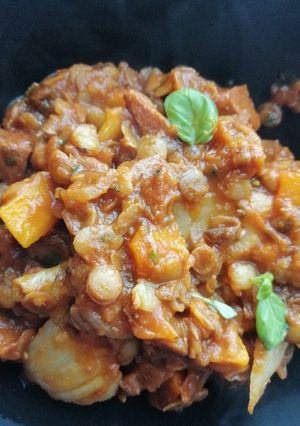 A picture of Butternut squash, lentil and chorizo casserole.