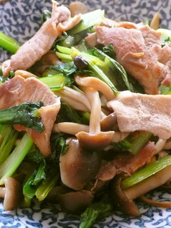 A picture of Stir-Fried Komatsuna and Shimeji Mushooms with Oyster Sauce.