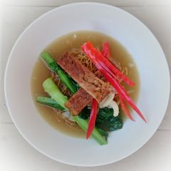 A picture of Yee Mee Noodle Soup With Mushroom And Spam.