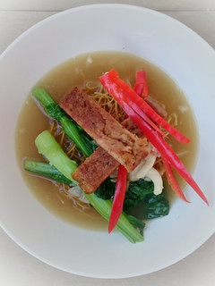 A picture of Yee Mee Noodle Soup With Mushroom And Spam.