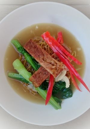 A picture of Yee Mee Noodle Soup With Mushroom And Spam.