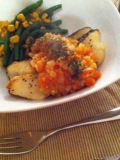 A picture of Cod Meunière in Tomato-Onion Sauce.