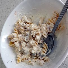 A picture of pasta with yogurt dressing.