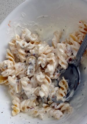 A picture of pasta with yogurt dressing.