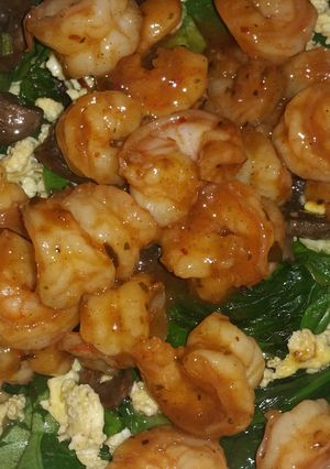 A picture of Jerk Shrimp and Spinach.