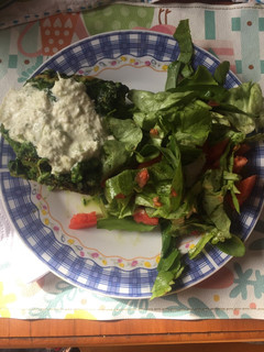 Una foto de Soufflé de espinaca con salsa de hinojo y ensalada