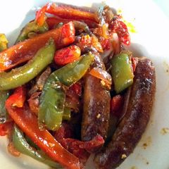 Sausages and peppers A picture of Sausages and peppers.