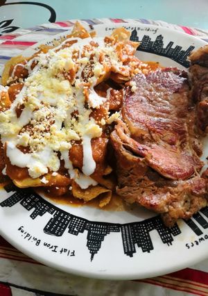 A picture of Chilaquiles Morita with Grilled Meat.