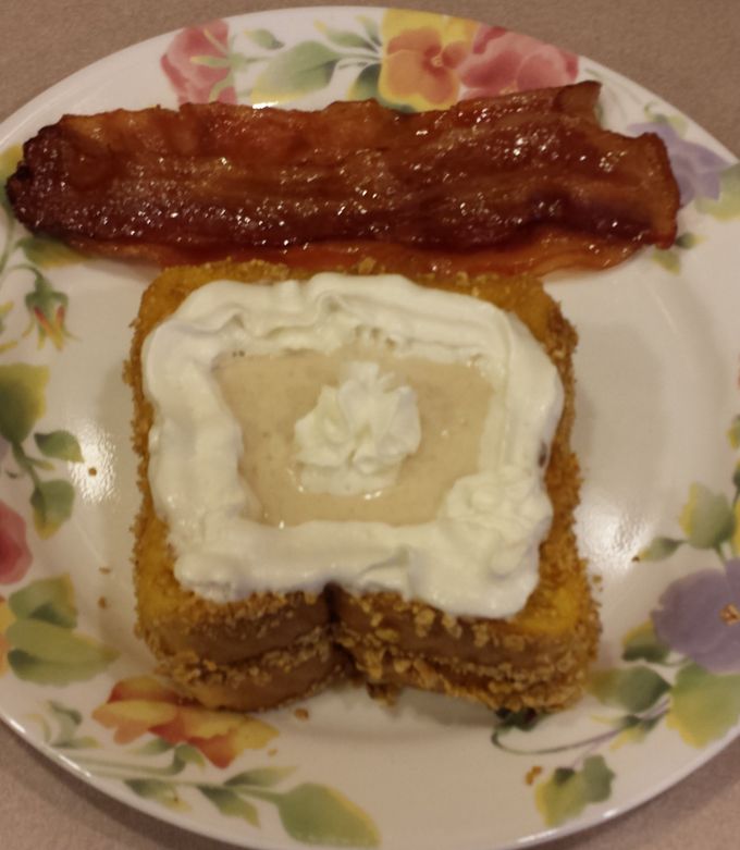A picture of Crusted french toast with banana puree.