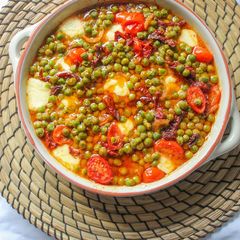 A picture of ROASTED PEAS WITH SUN DRIED TOMATOES & MOZZARELLA.
