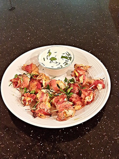 A picture of Bacon Wrapped Buffalo Cheese Stuffed Shrimp.