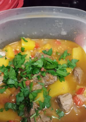 A picture of Hearty beef and butternut squash stew.