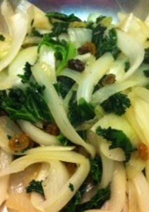 A picture of Stir-fried Kale, Onion and Raisins.