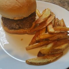 A picture of Oinion-tastic! Hamburger With Homemade Fries.