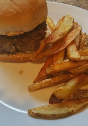 A picture of Oinion-tastic! Hamburger With Homemade Fries.