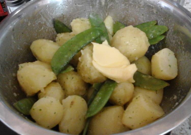 Simple Way to Prepare Homemade My New Potatoes in Garlic Parsley Butter with Pea Pods 😙