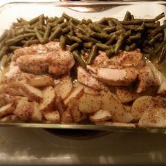 A picture of Italian Chicken, Green Beans, and Potatoes.