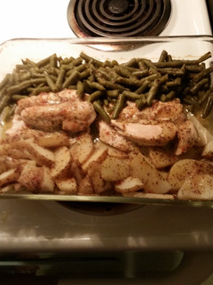 A picture of Italian Chicken, Green Beans, and Potatoes.