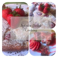 A picture of Strawberry cake with strawberry sauce.