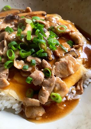 A picture of Omelette Rice with Ginger Pork Sauce.