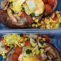 A picture of Chicken Egg Toast with Fried Veggies.