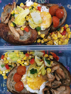 A picture of Chicken Egg Toast with Fried Veggies.