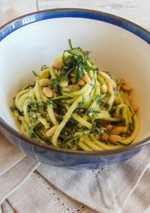 A picture of Fresh Pesto with Courgette Spaghetti.