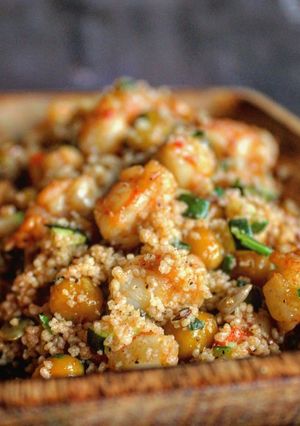 A picture of Curry Couscous with Shrimp.