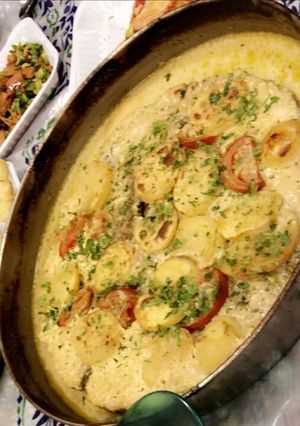 A picture of Kofta Casserole with Tahini and Yogurt.