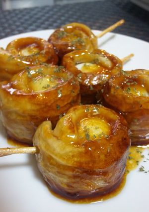 A picture of Teriyaki Chikuwa Rolls with Quail Eggs.