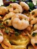 Sig's Onion Cakes with Prawns in Wild Garlic Butter