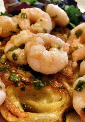 A picture of Sig's Onion Cakes with Prawns in Wild Garlic Butter.
