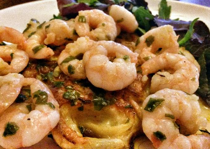 Sig's Onion Cakes with Prawns in Wild Garlic Butter