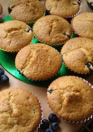 A picture of Vickys Blueberry Cupcakes, GF DF EF SF NF.