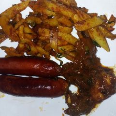 Chips masala, wetfry beef with sausages A picture of Chips masala, wetfry beef with sausages.