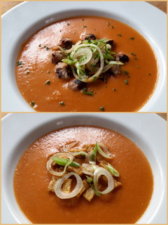 A picture of Sig's Mixed Onion and Tomato Soup.