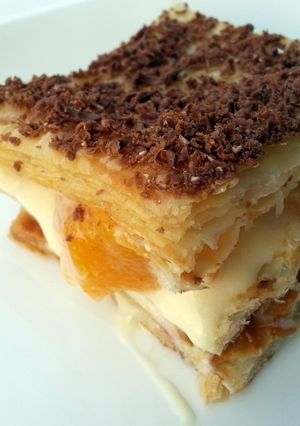 A picture of Peach And Chocolate Millefeuille.
