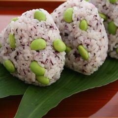 A picture of Colorful Rice Balls with Edamame and Red Shiso.