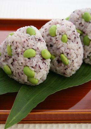 A picture of Colorful Rice Balls with Edamame and Red Shiso.