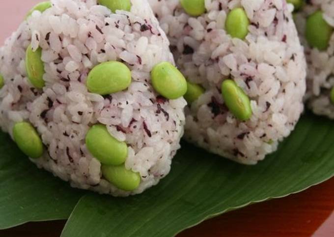 Colorful Rice Balls with Edamame and Red Shiso