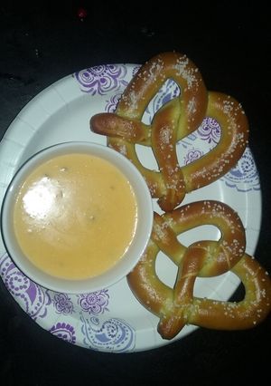 A picture of Spicy pretzel dip/nacho cheese.
