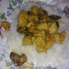 A picture of Sweet n sour chicken and mushrooms.